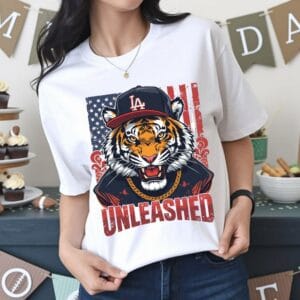 20260506151125-1f1495dd-9253-6d98-92e6-c684f26f7bf6.jpg Unleashed Tiger Graphic Tee — Vintage USA Flag Streetwear T-Shirt